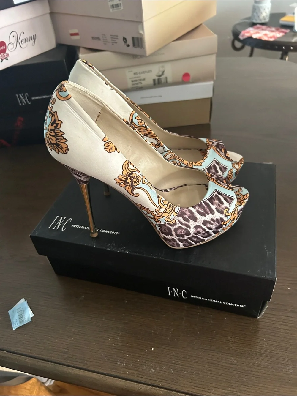 INC International Concepts Cream and Gold Baroque Leopard Peep-Toe Pumps